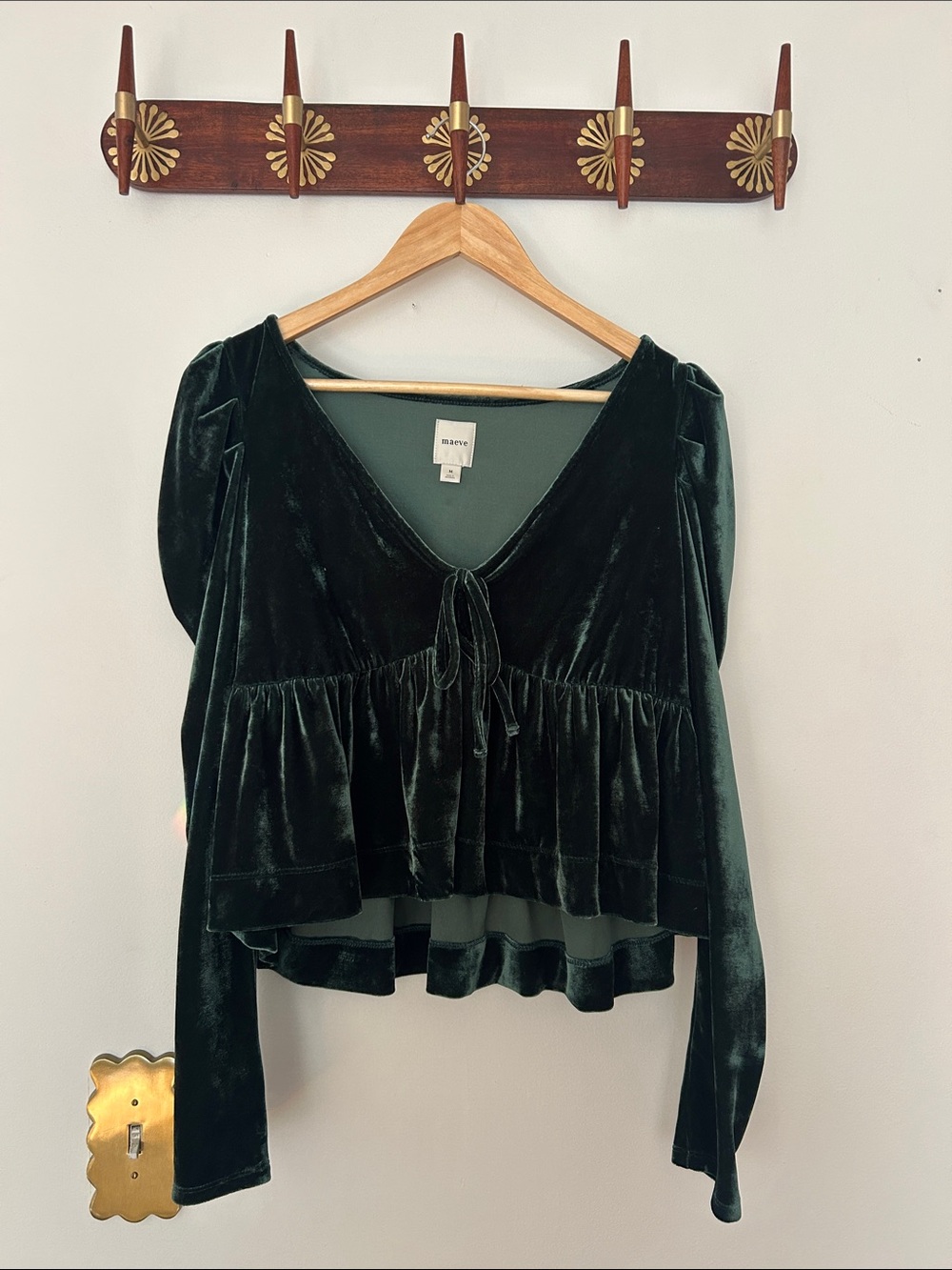 Maeve Emerald Green Velvet Tie-Front Peplum Blouse